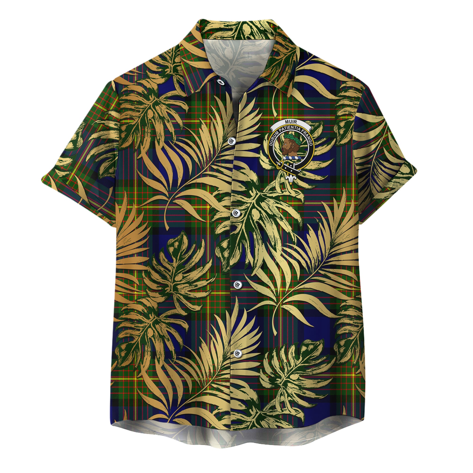 scottish-muir-clan-crest-tartan-golden-tropical-palm-leaves-hawaiian-shirt
