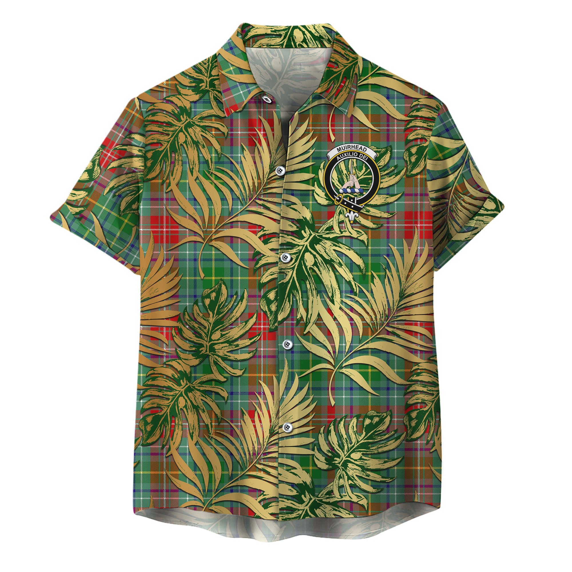 scottish-muirhead-clan-crest-tartan-golden-tropical-palm-leaves-hawaiian-shirt