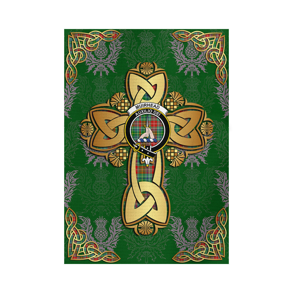 scottish-muirhead-clan-crest-tartan-golden-celtic-thistle-garden-flag