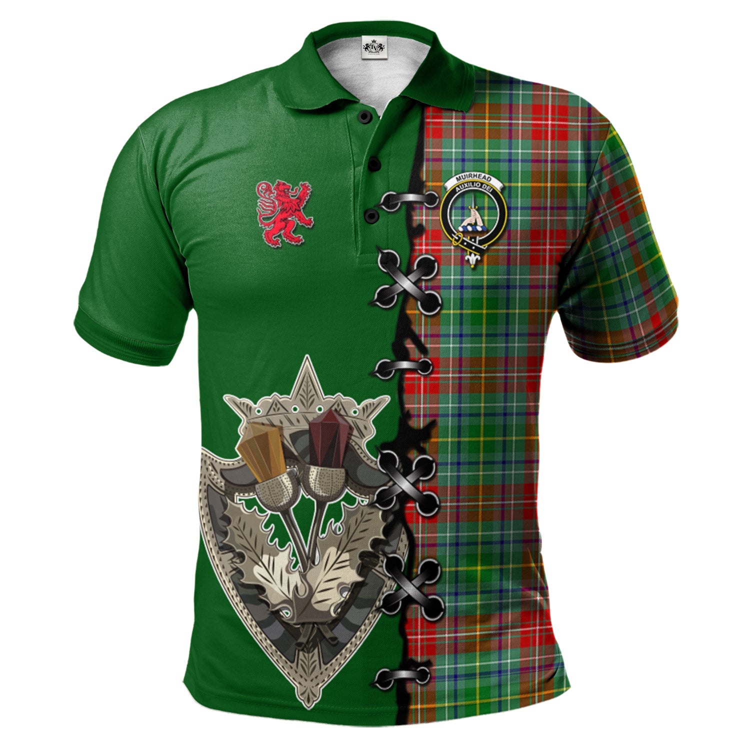 scottish-muirhead-clan-crest-tartan-lion-rampant-and-celtic-thistle-polo-shirt
