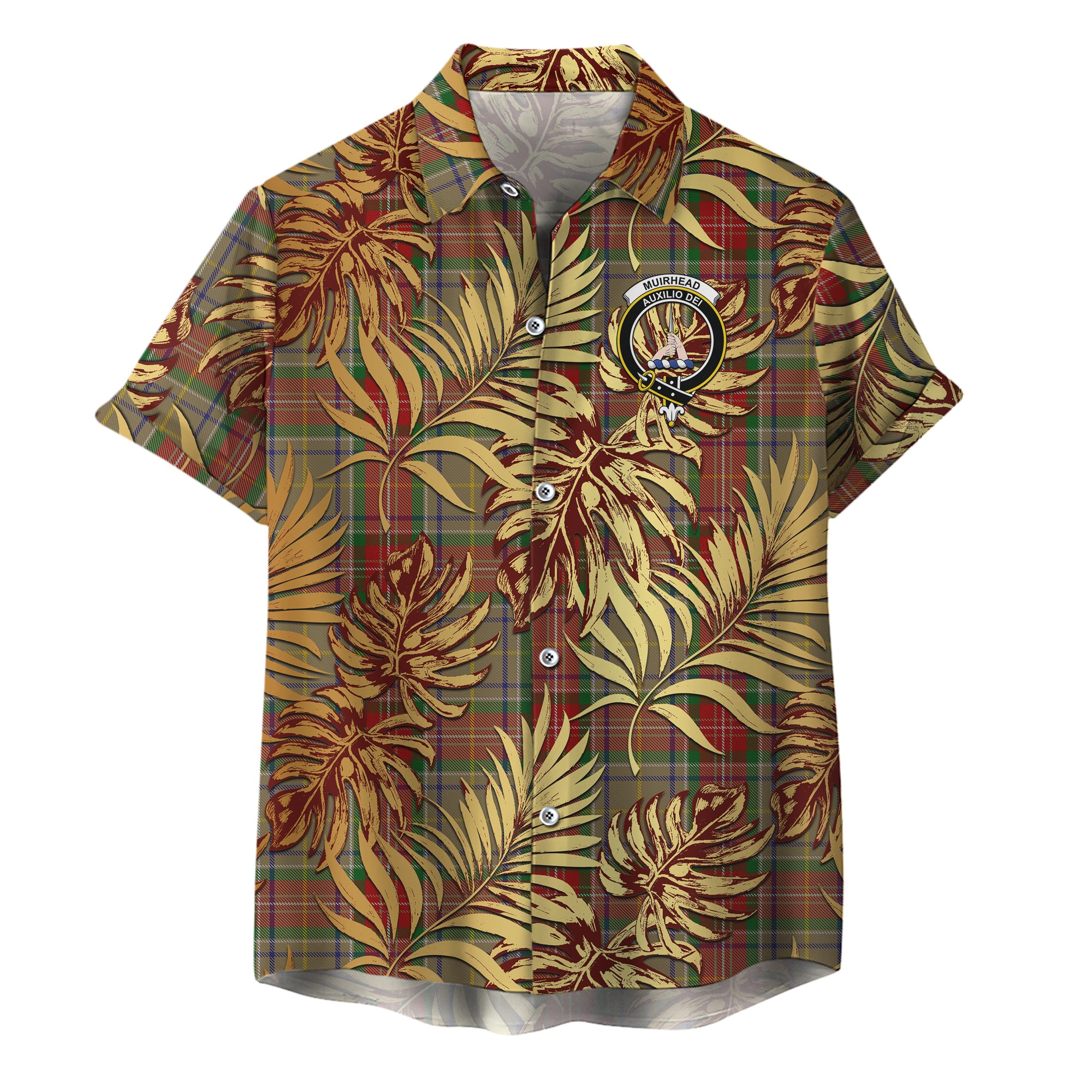scottish-muirhead-old-clan-crest-tartan-golden-tropical-palm-leaves-hawaiian-shirt