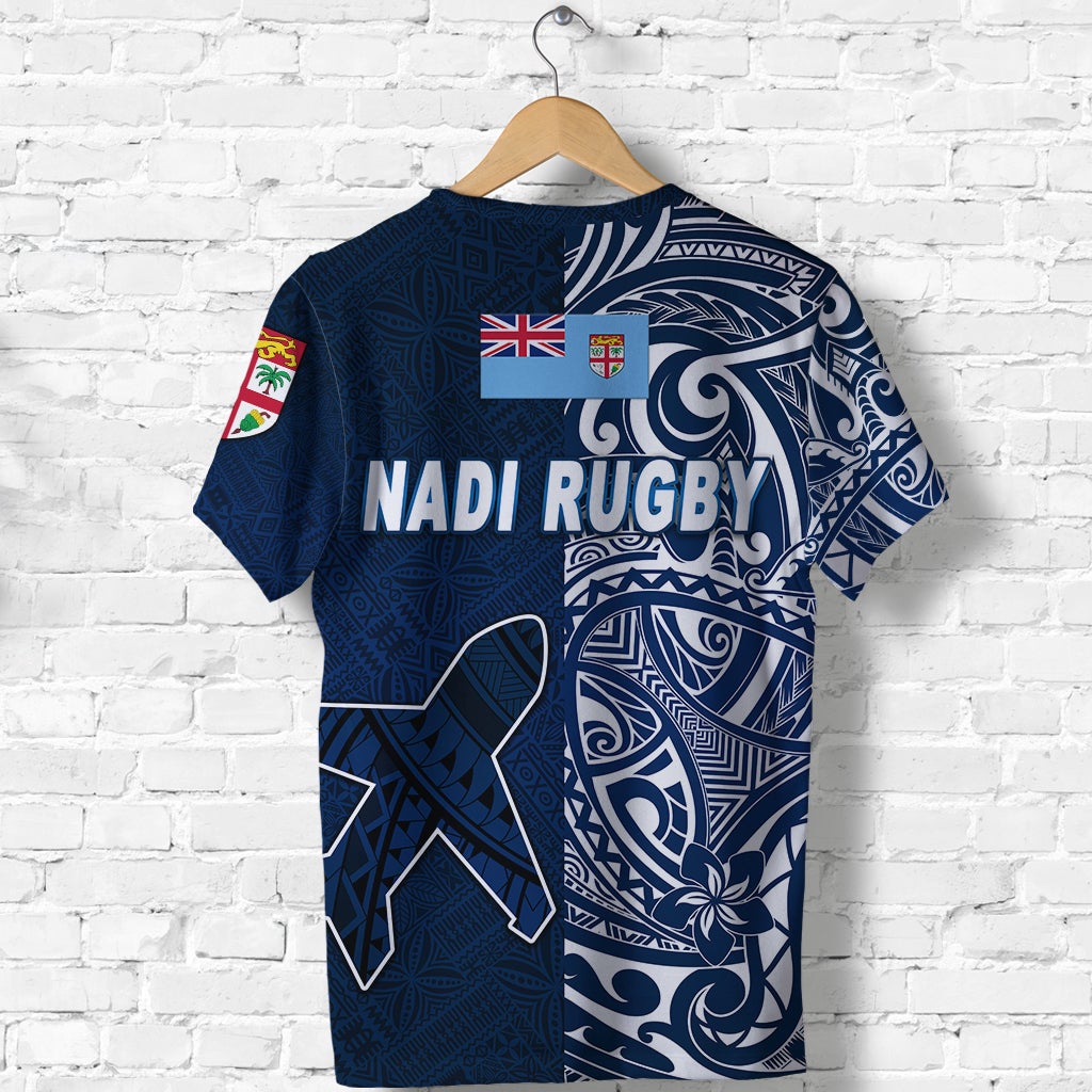 Navy-blue Nadi Rugby T-shirt back: tapa-style swirls with flag/crest patch