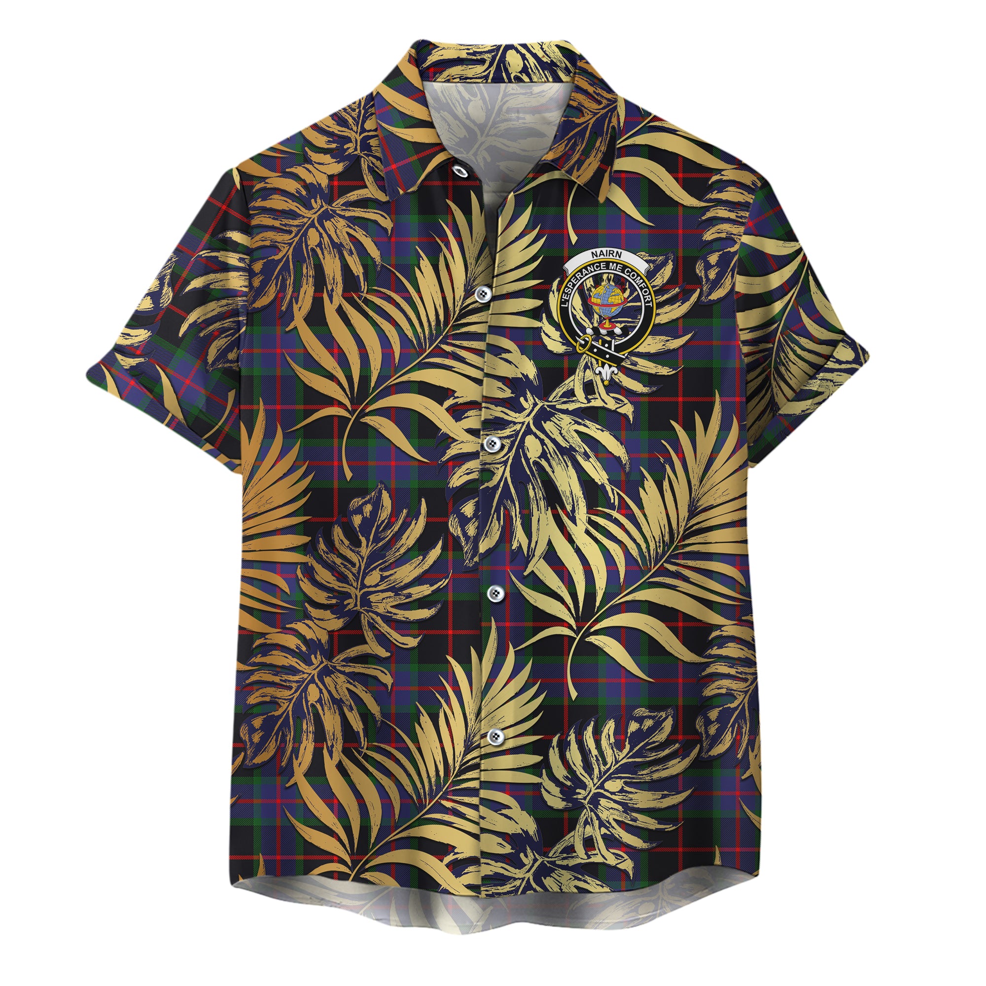 scottish-nairn-clan-crest-tartan-golden-tropical-palm-leaves-hawaiian-shirt
