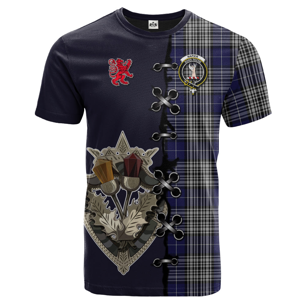 scottish-napier-clan-crest-tartan-lion-rampant-and-celtic-thistle-t-shirt