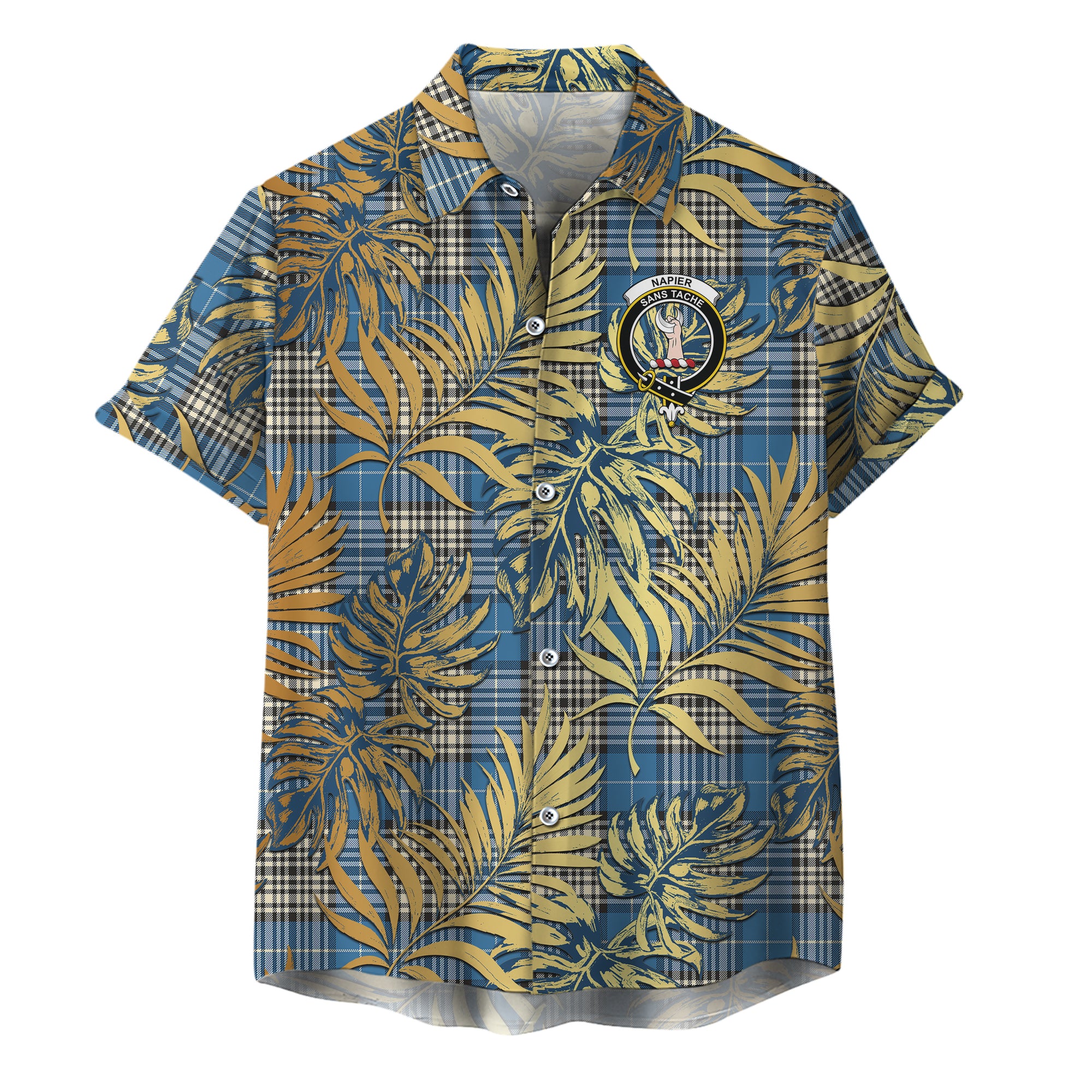 scottish-napier-ancient-clan-crest-tartan-golden-tropical-palm-leaves-hawaiian-shirt