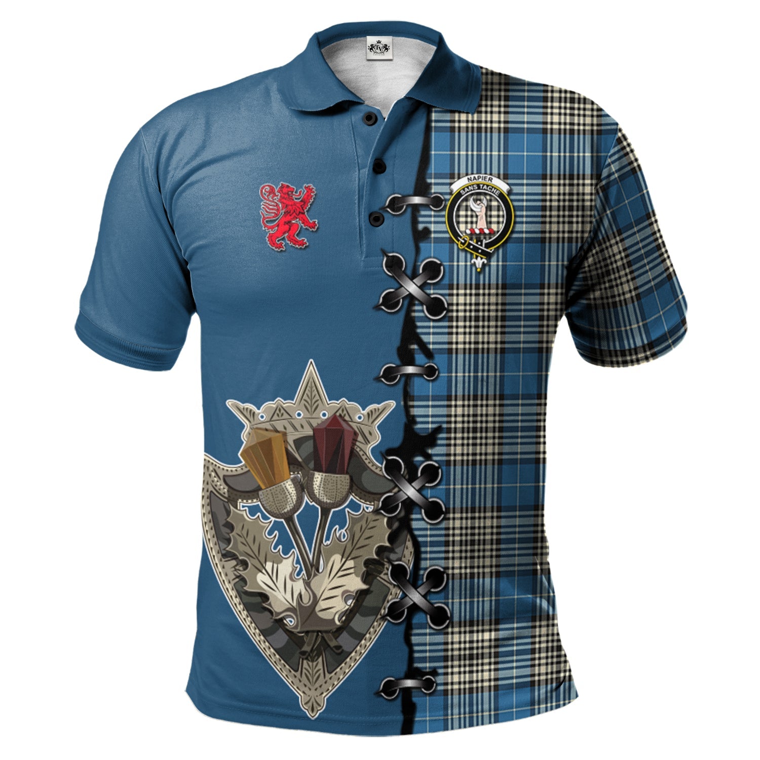 scottish-napier-ancient-clan-crest-tartan-lion-rampant-and-celtic-thistle-polo-shirt