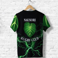 Black rugby t-shirt back with NAUSORI header, green leaf crest, and rugby club lettering