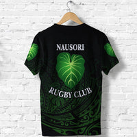 Back view: black rugby T-shirt with green leaf emblem and NAUSORI RUGBY CLUB logo