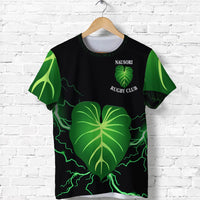 Black rugby t-shirt front with large green leaf graphic and NAUSORI RUGBY CLUB text