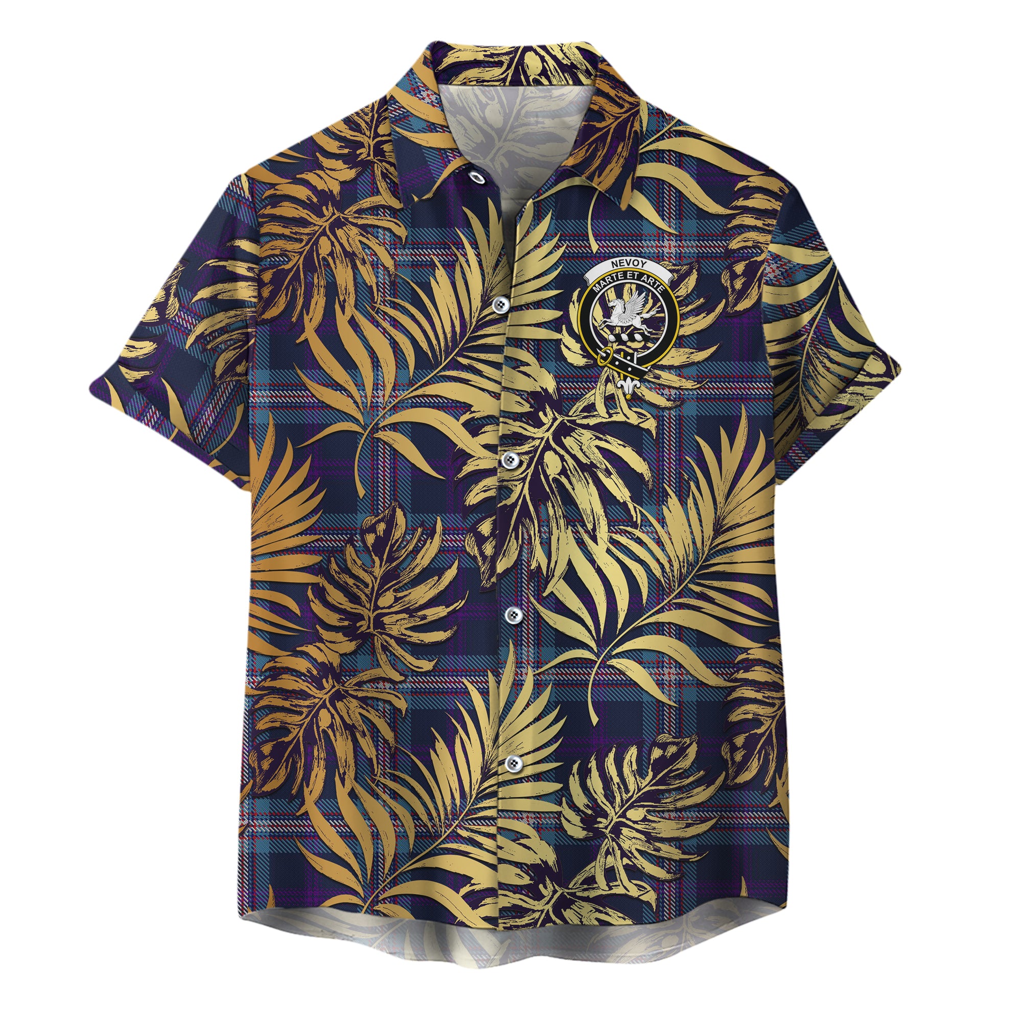 scottish-nevoy-clan-crest-tartan-golden-tropical-palm-leaves-hawaiian-shirt