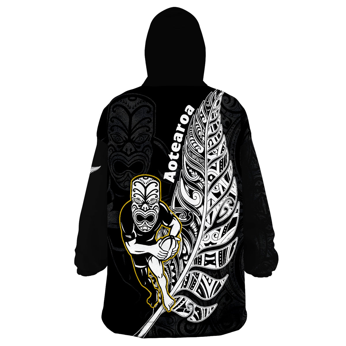 Black wearable blanket hoodie with hood and back print featuring Maori character graphic