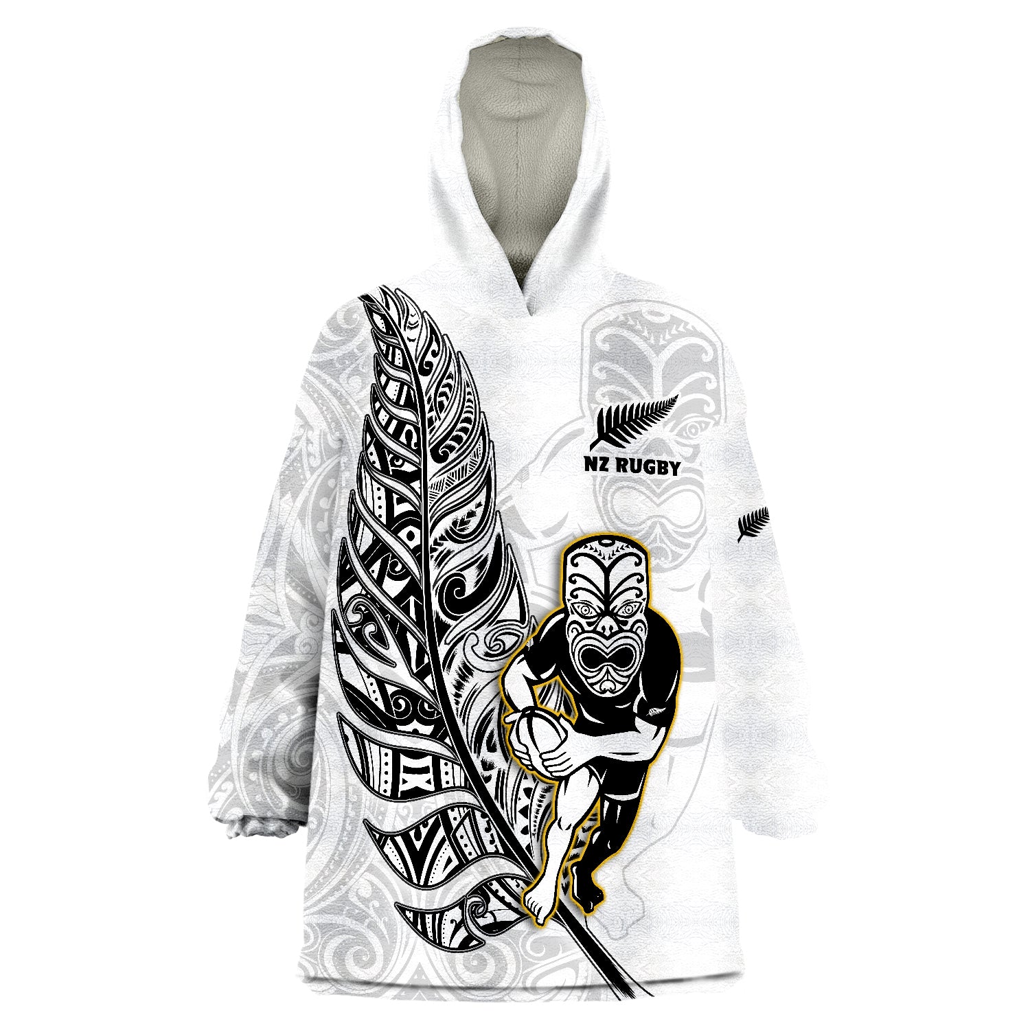 New Zealand Silver Fern Rugby All Black Maori Version White Wearable Blanket Hoodie - Wonder Print Shop