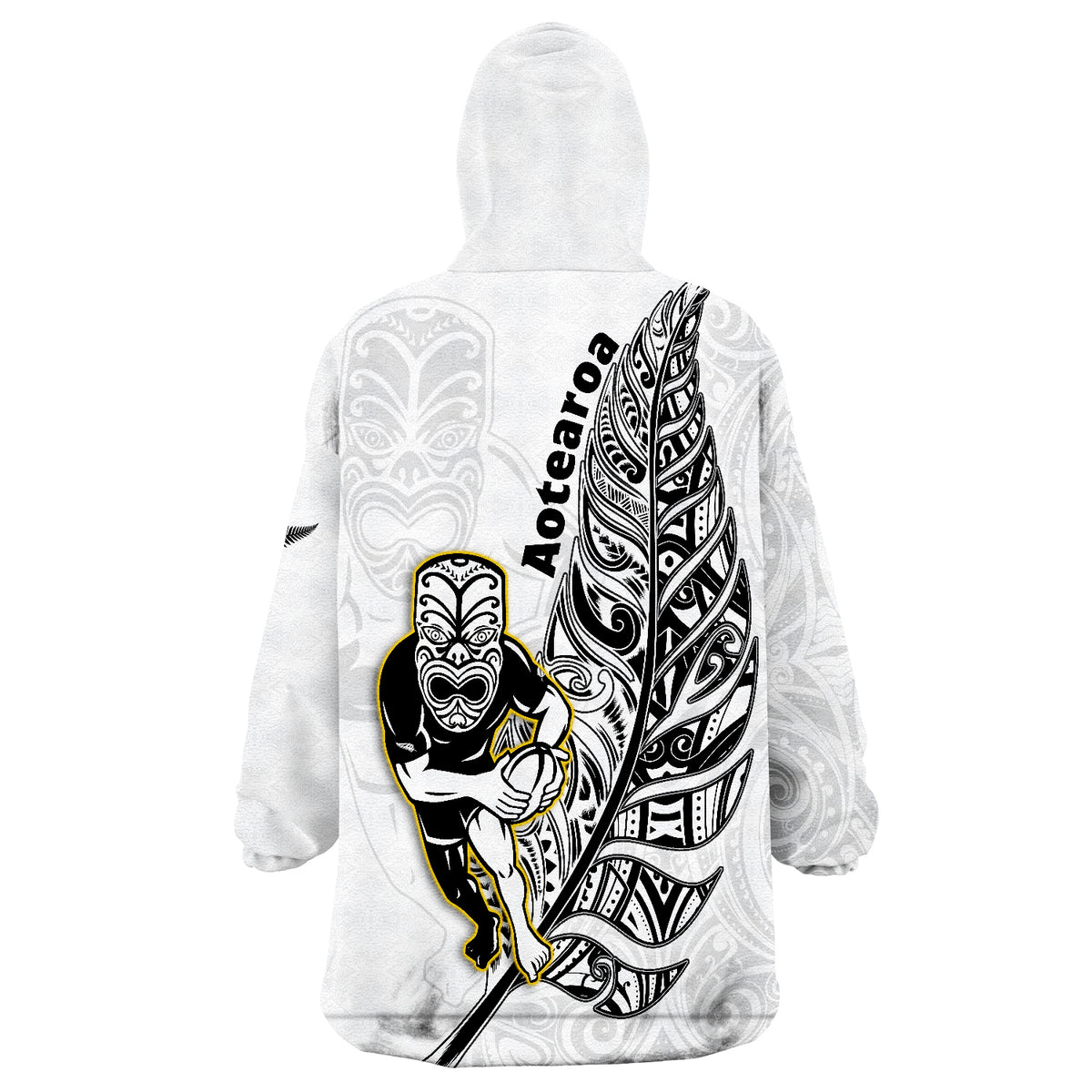 White wearable blanket hoodie back with Aroha text and Maori warrior print