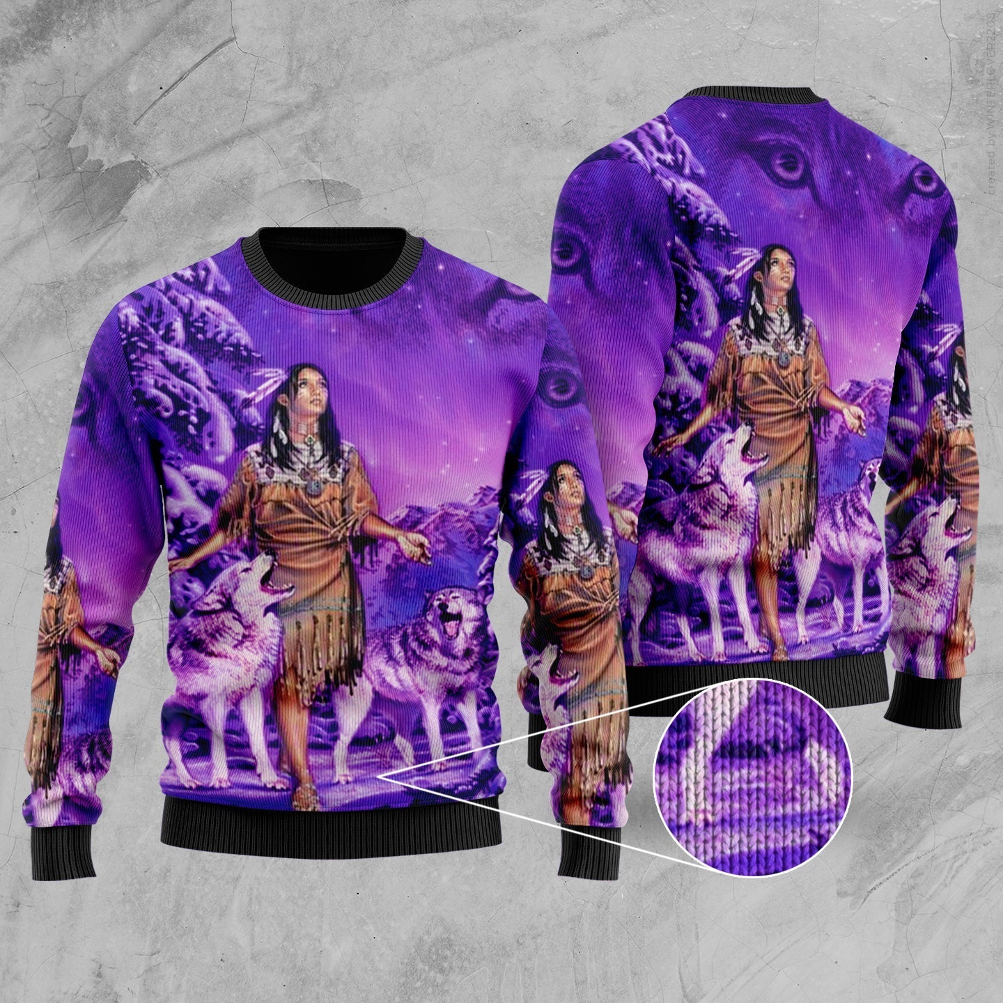 Native American Girl and Wolf Purple Sweater LT10 - Wonder Print Shop