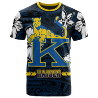 Blue custom T-shirt with Polynesian floral pattern and big yellow 'Kaiser' K front print