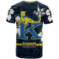 Blue custom T-shirt back view with Polynesian floral pattern and large yellow K logo