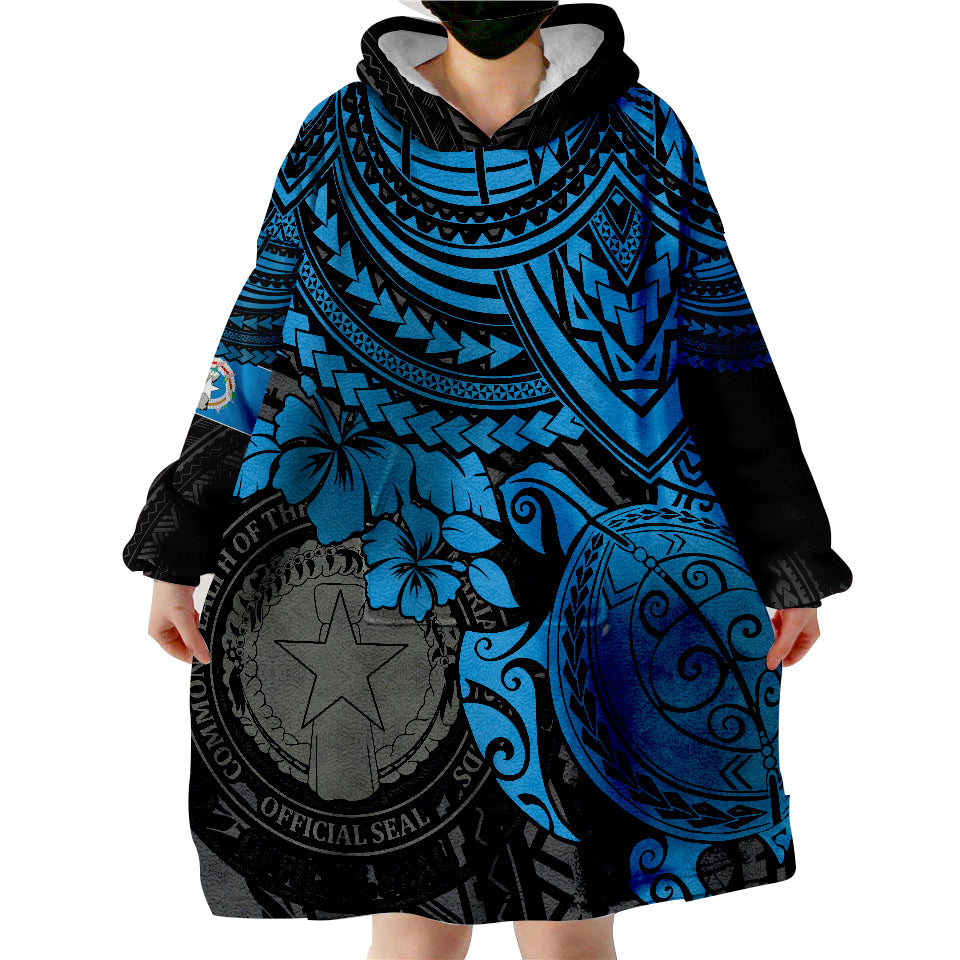 Northern Mariana Islands Blue Turtle Wearable Blanket Hoodie - Wonder Print Shop