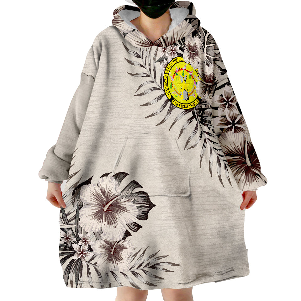Northern Mariana Islands Flag Beige Hibiscus Wearable Blanket Hoodie - Wonder Print Shop