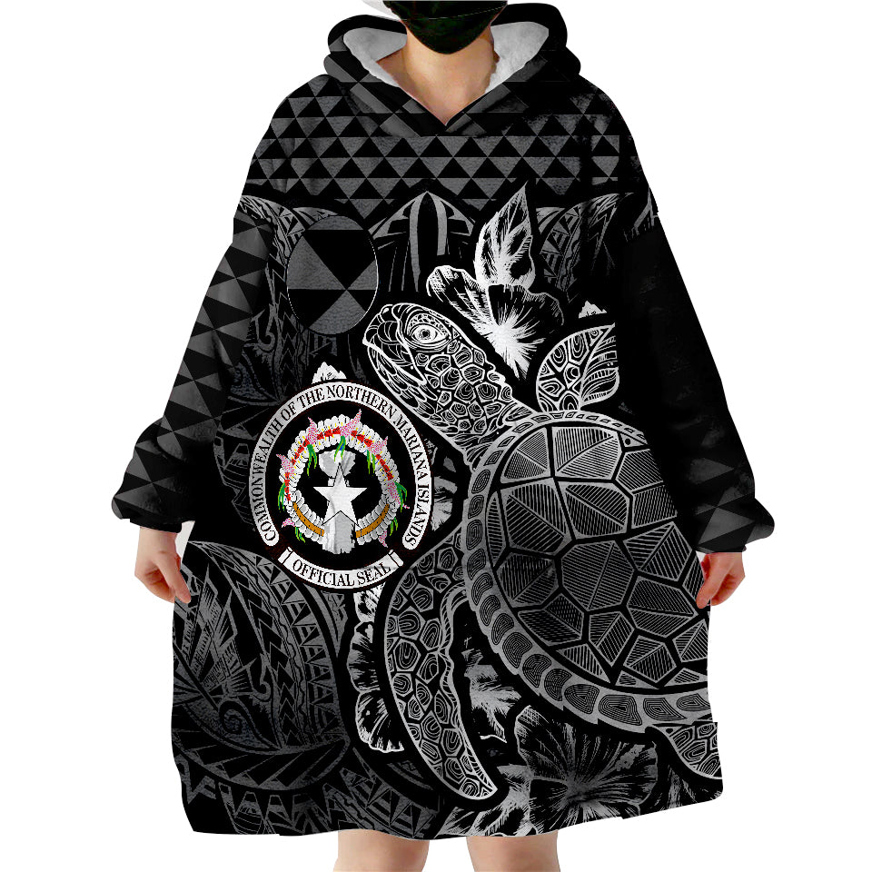 Northern Mariana Islands Flag Turtle Hibiscus Black Wearable Blanket Hoodie - Wonder Print Shop