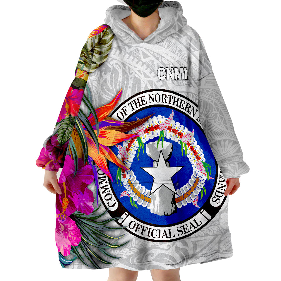 Northern Mariana Islands Hibiscus Polynesian White pattern Wearable Blanket Hoodie - Wonder Print Shop