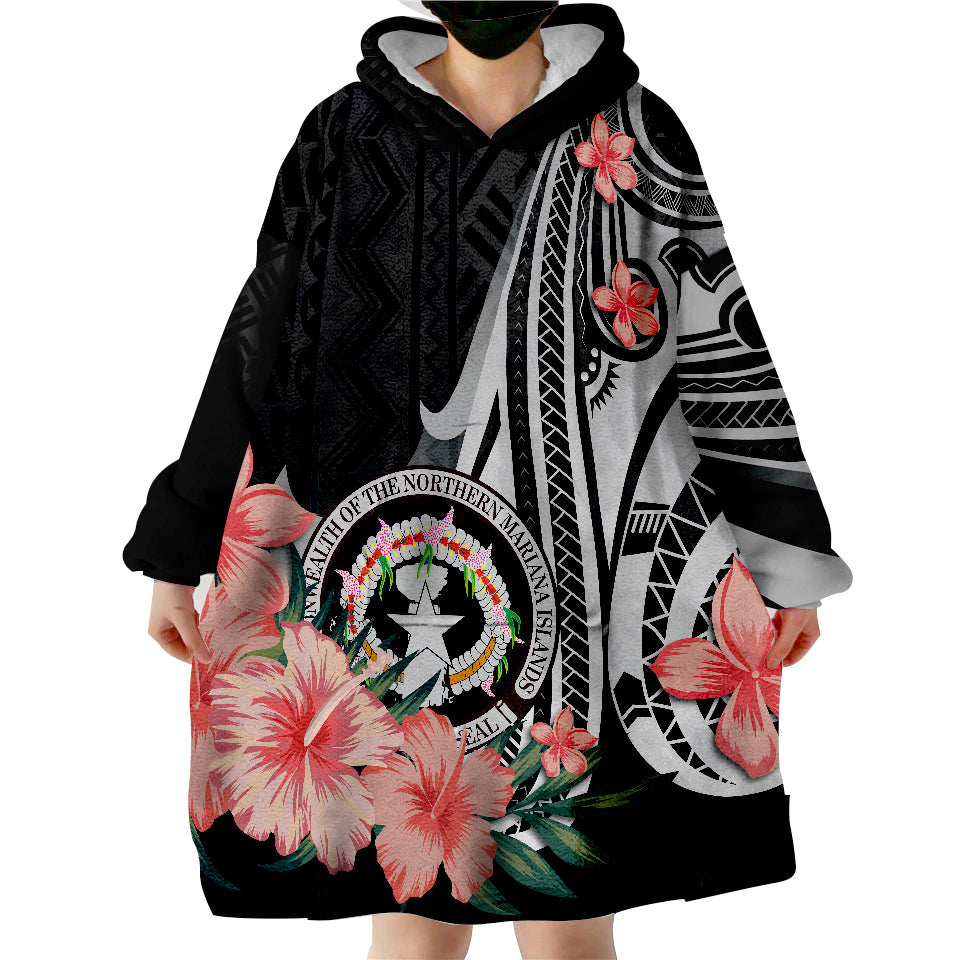 Northern Mariana Islands Polynesian Hibiscus Pattern Style Wearable Blanket Hoodie - Wonder Print Shop