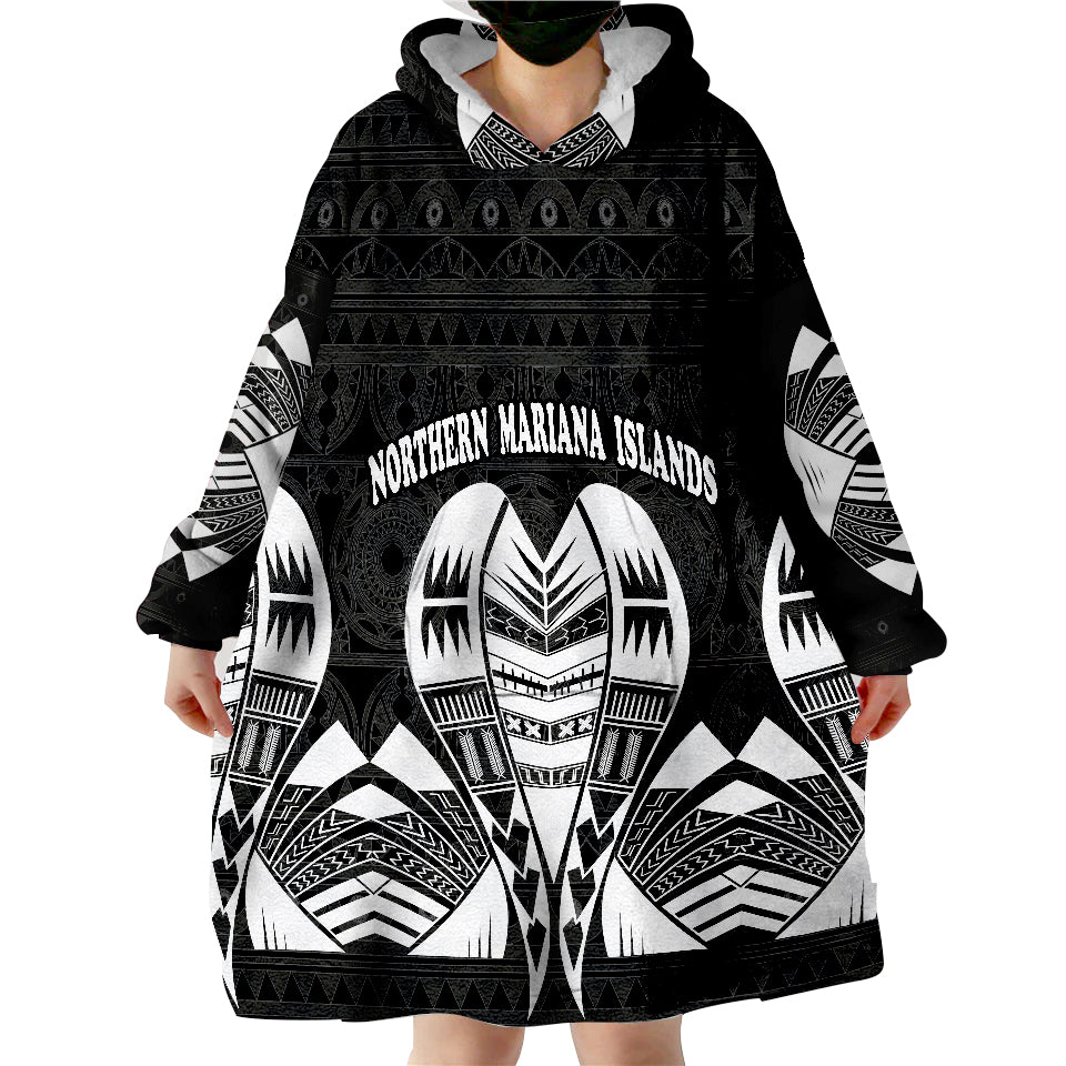 Northern Mariana Islands Polynesian Tattoo Black Version Wearable Blanket Hoodie - Wonder Print Shop