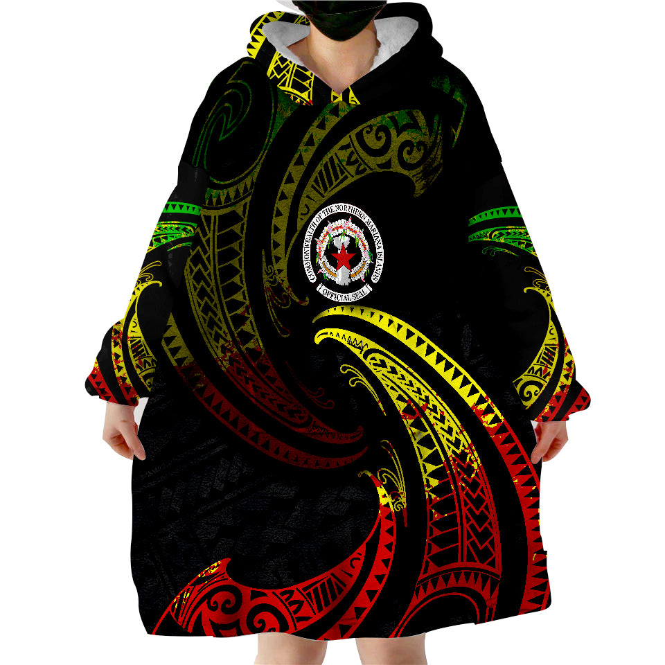 Northern Mariana Islands Reggae Tribal Wave Wearable Blanket Hoodie - Wonder Print Shop