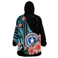 Northern Mariana Islands Turquoise Polynesian Hibiscus Pattern Style Wearable Blanket Hoodie - Wonder Print Shop