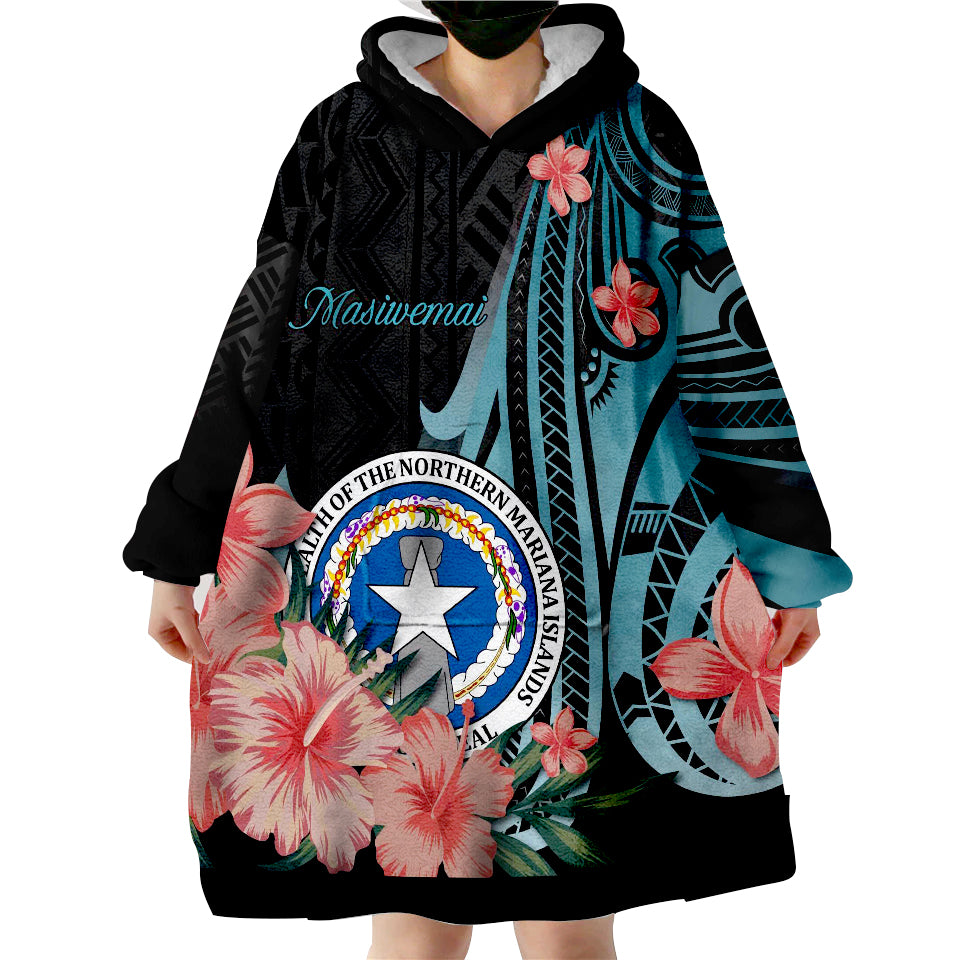 Northern Mariana Islands Turquoise Polynesian Hibiscus Pattern Style Wearable Blanket Hoodie - Wonder Print Shop
