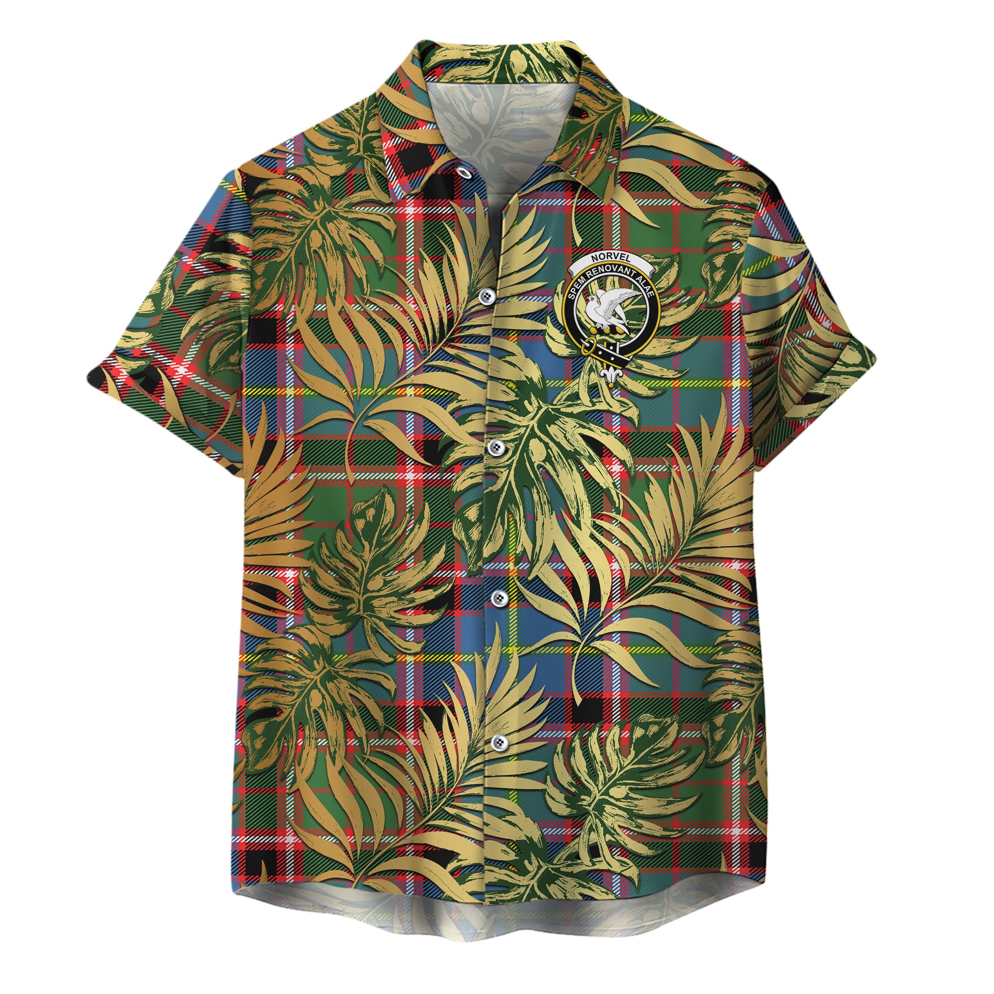 scottish-norvel-clan-crest-tartan-golden-tropical-palm-leaves-hawaiian-shirt