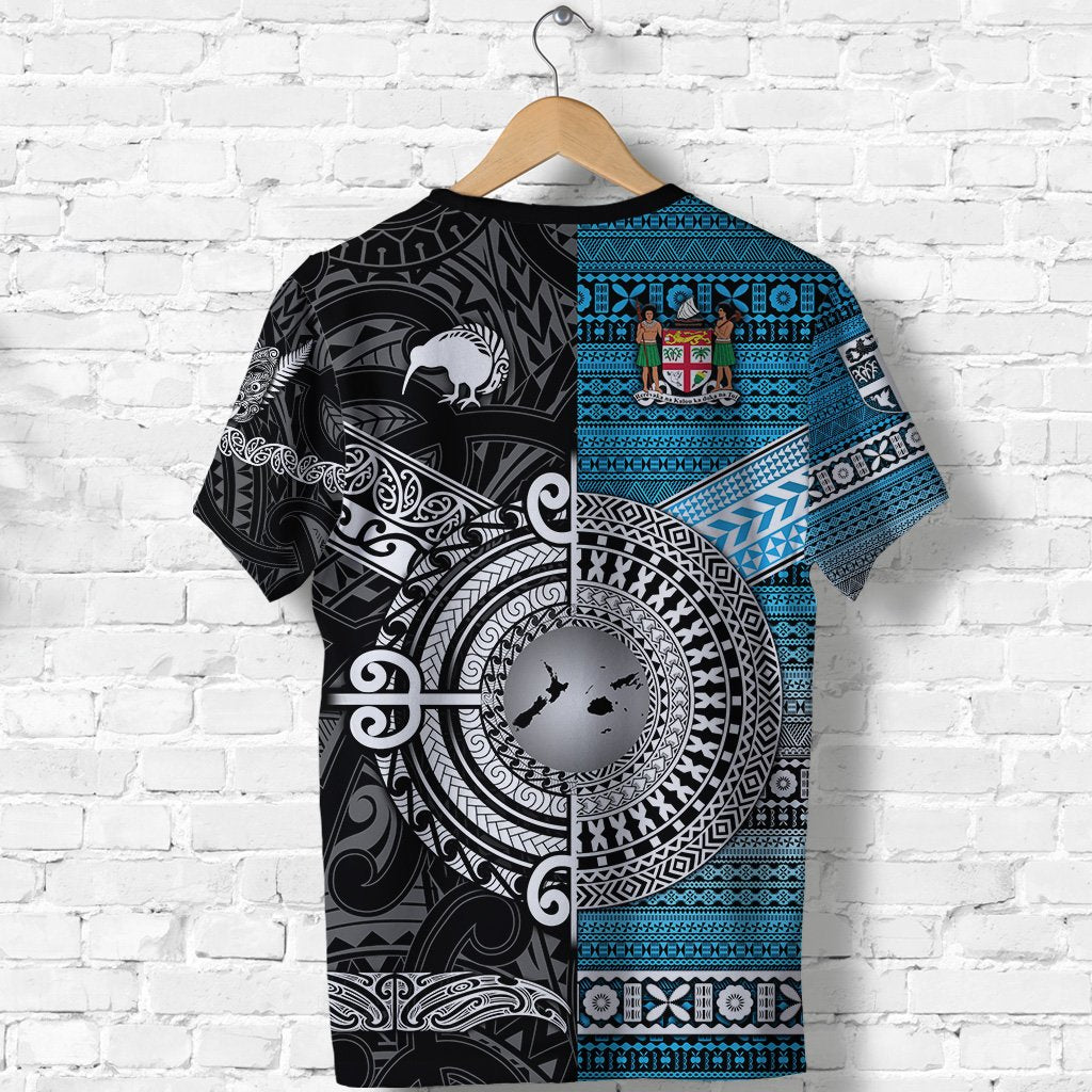 Black T-shirt with large circular motif and blue patterned side panels