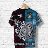 Red and blue tribal graphic T-shirt, back view with spiral emblem and bird motif