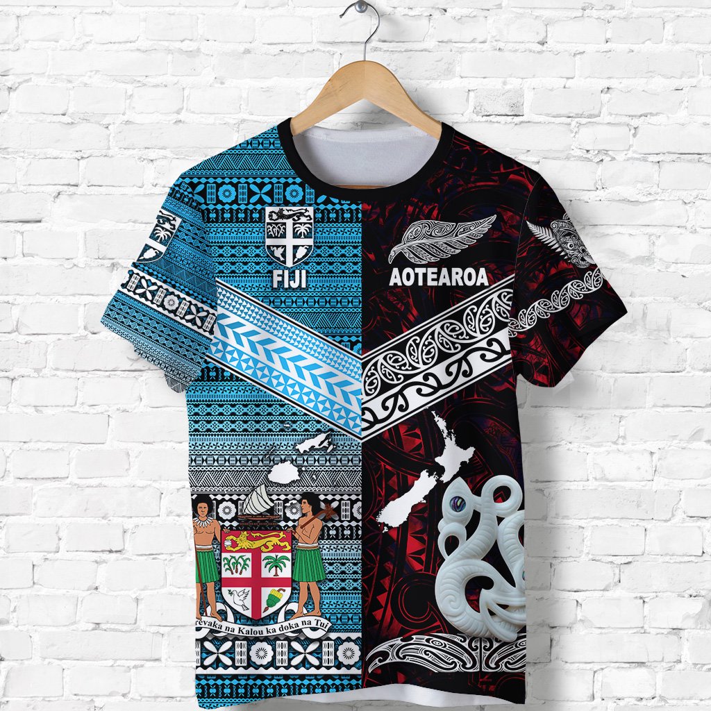 Red and blue graphic T-shirt with Fiji crest and Aotearoa text, front view