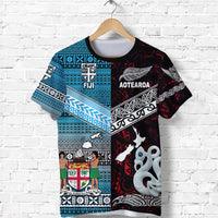 Red and blue graphic T-shirt with Fiji crest and Aotearoa text, front view