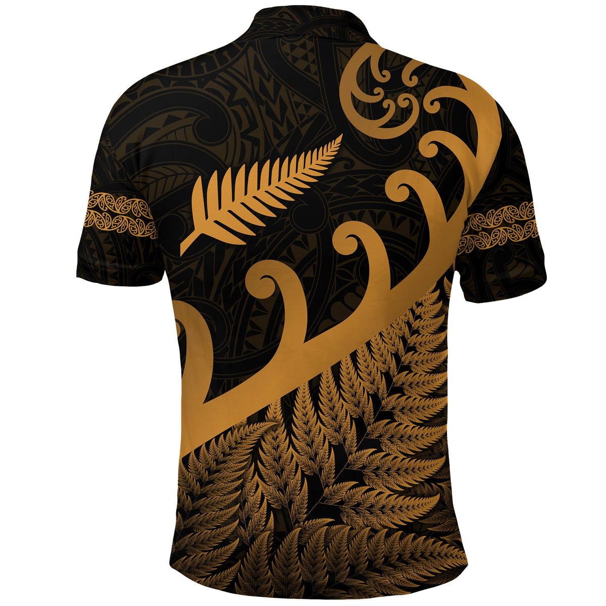 Black polo shirt back view with gold fern, koru and scrolling Maori motifs