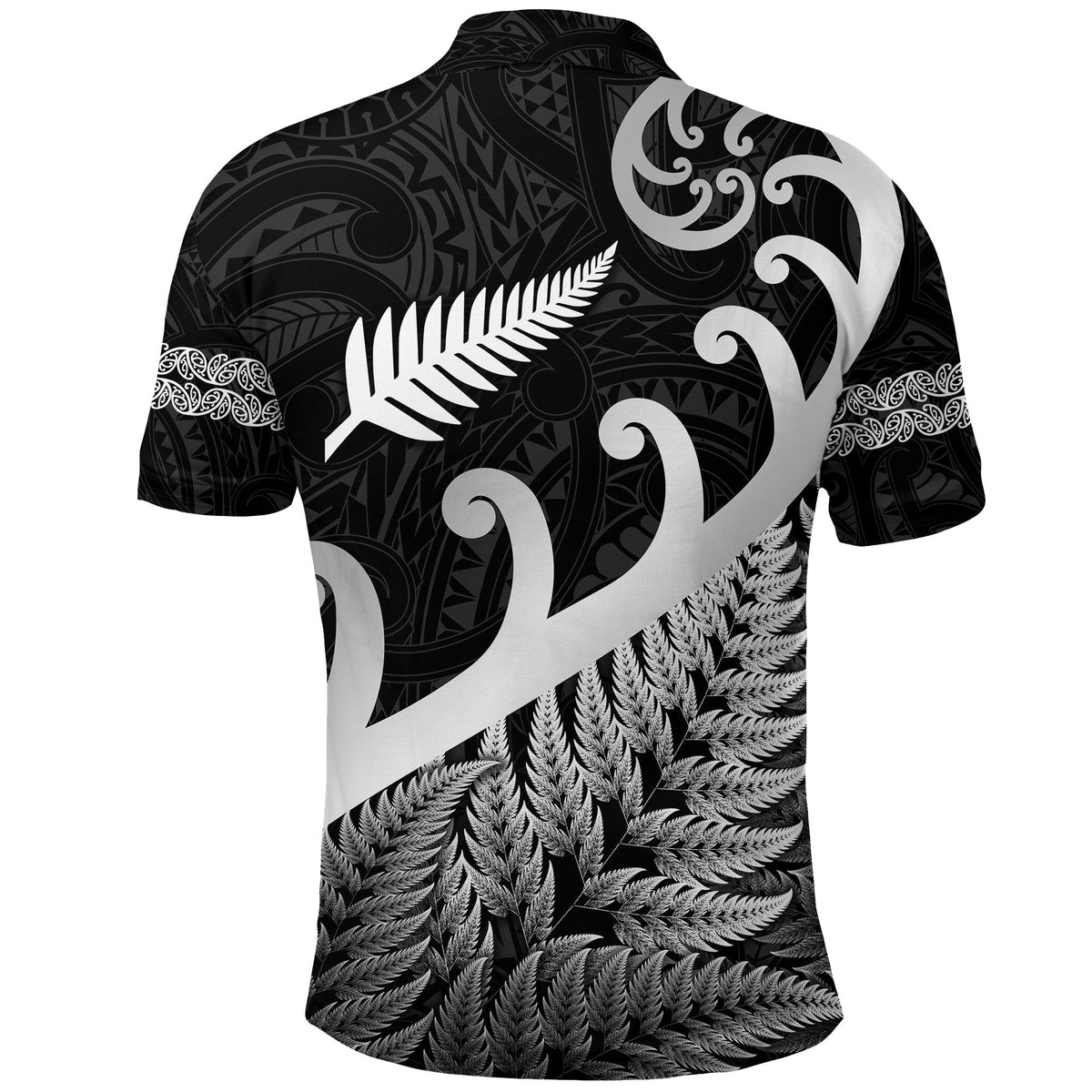Back view black polo with big white fern frond, swirling Maori motifs, and leaf hem print