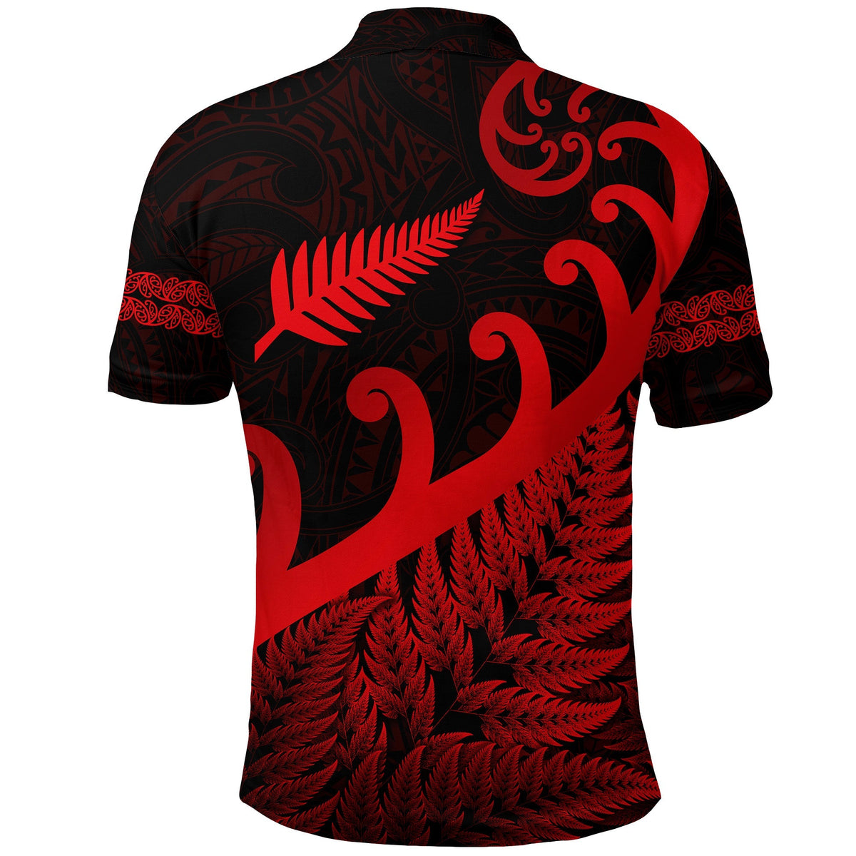 Back of red and black Maori-style polo shirt with fern, koru, and swirling patterns