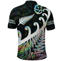 Back view Maori polo shirt with large koru and fern print, iridescent colors, short sleeves