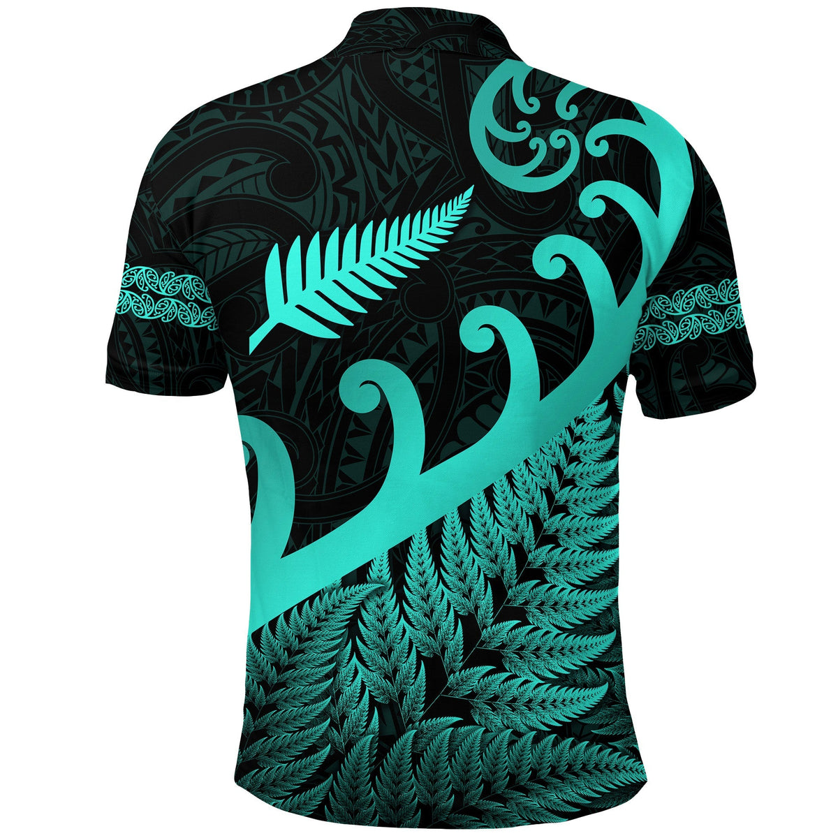 Turquoise dark polo shirt with koru and fern frond print, Maori tribal design (back)