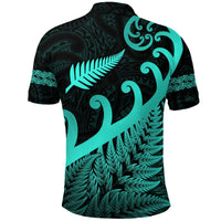 Turquoise dark polo shirt with koru and fern frond print, Maori tribal design (back)