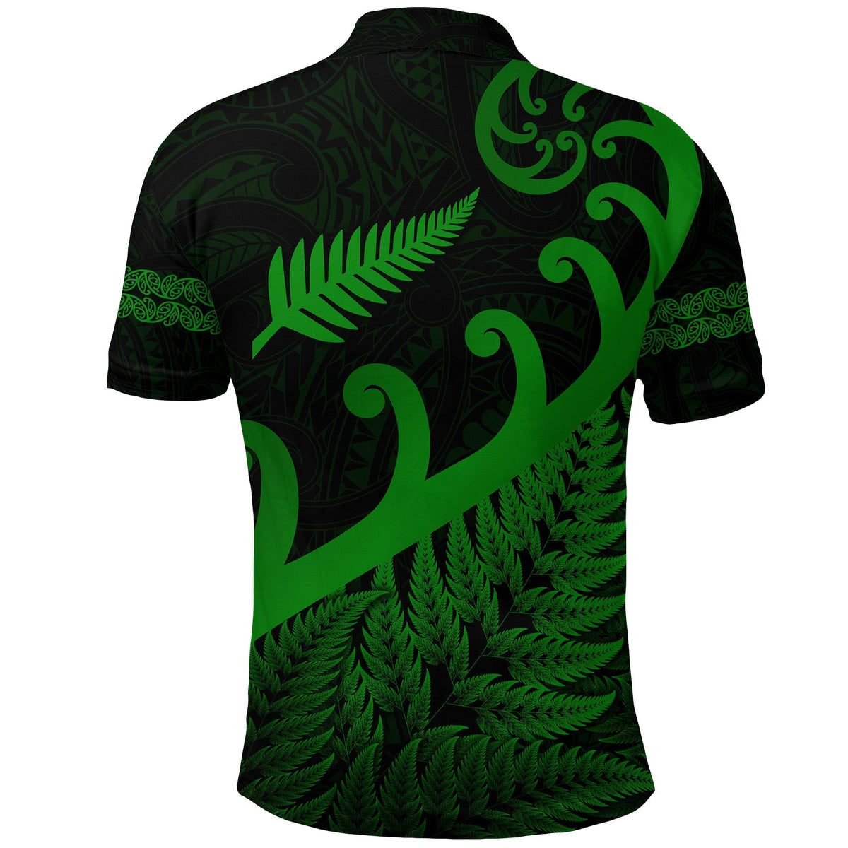 Back view polo shirt in green and black with koru swirls and fern print, short sleeves