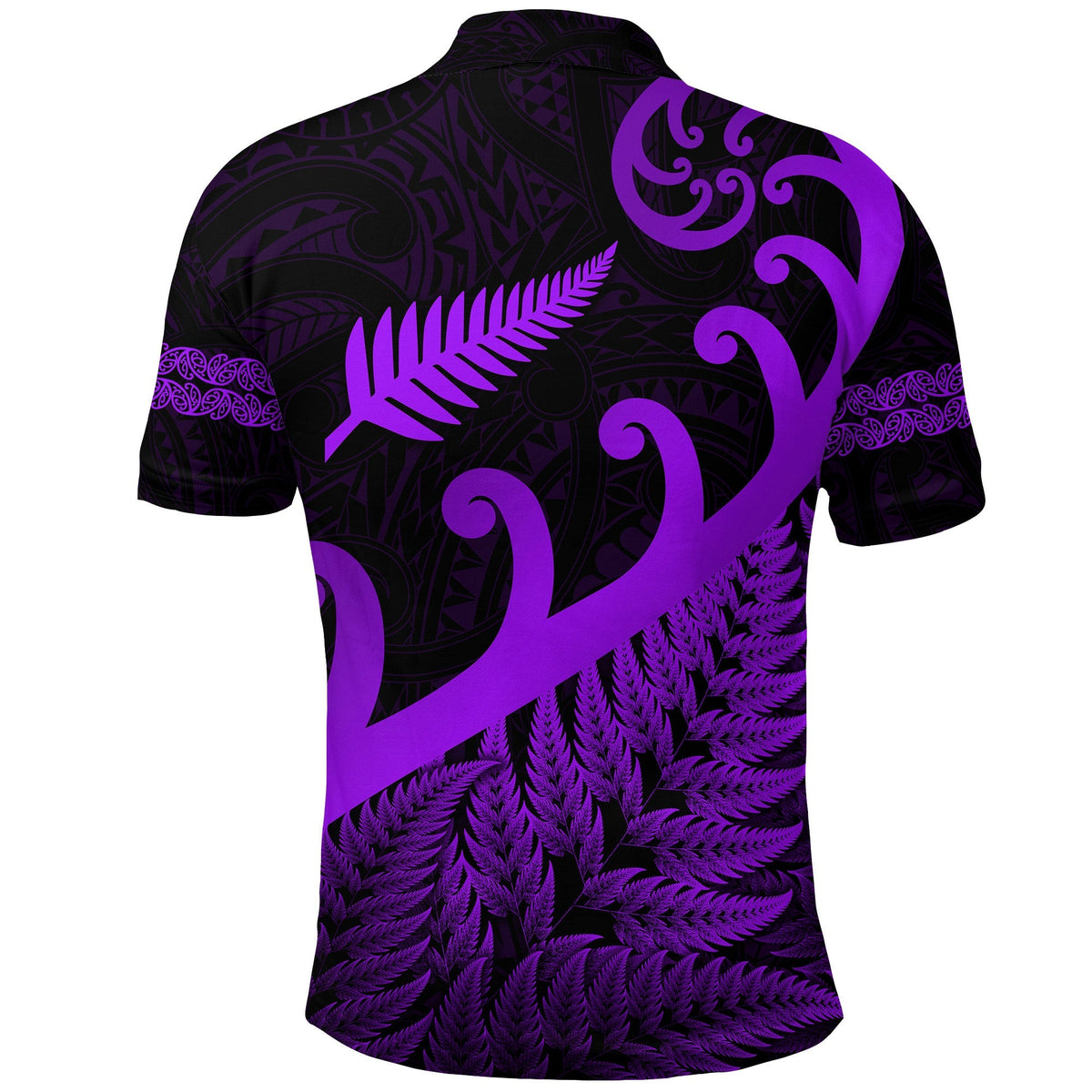 Back view purple polo with fern frond print and Maori-style swirl motifs, short sleeves