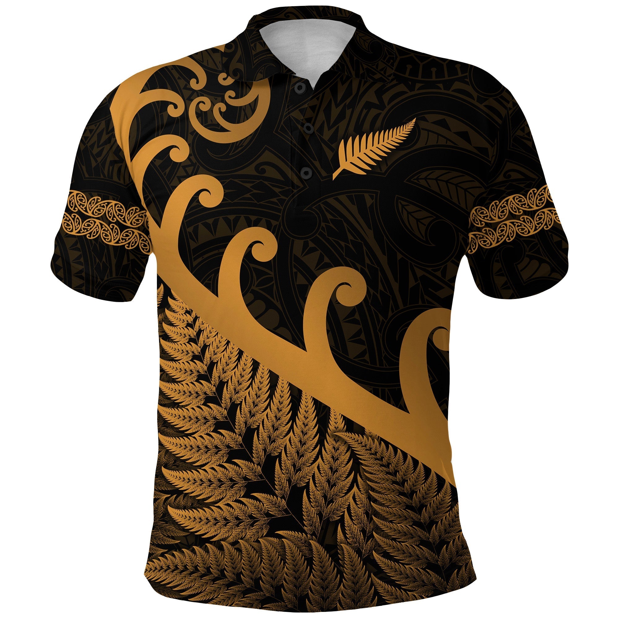 custom-personalised-new-zealand-rugby-maori-polo-shirt-silver-fern-koru-vibes-gold