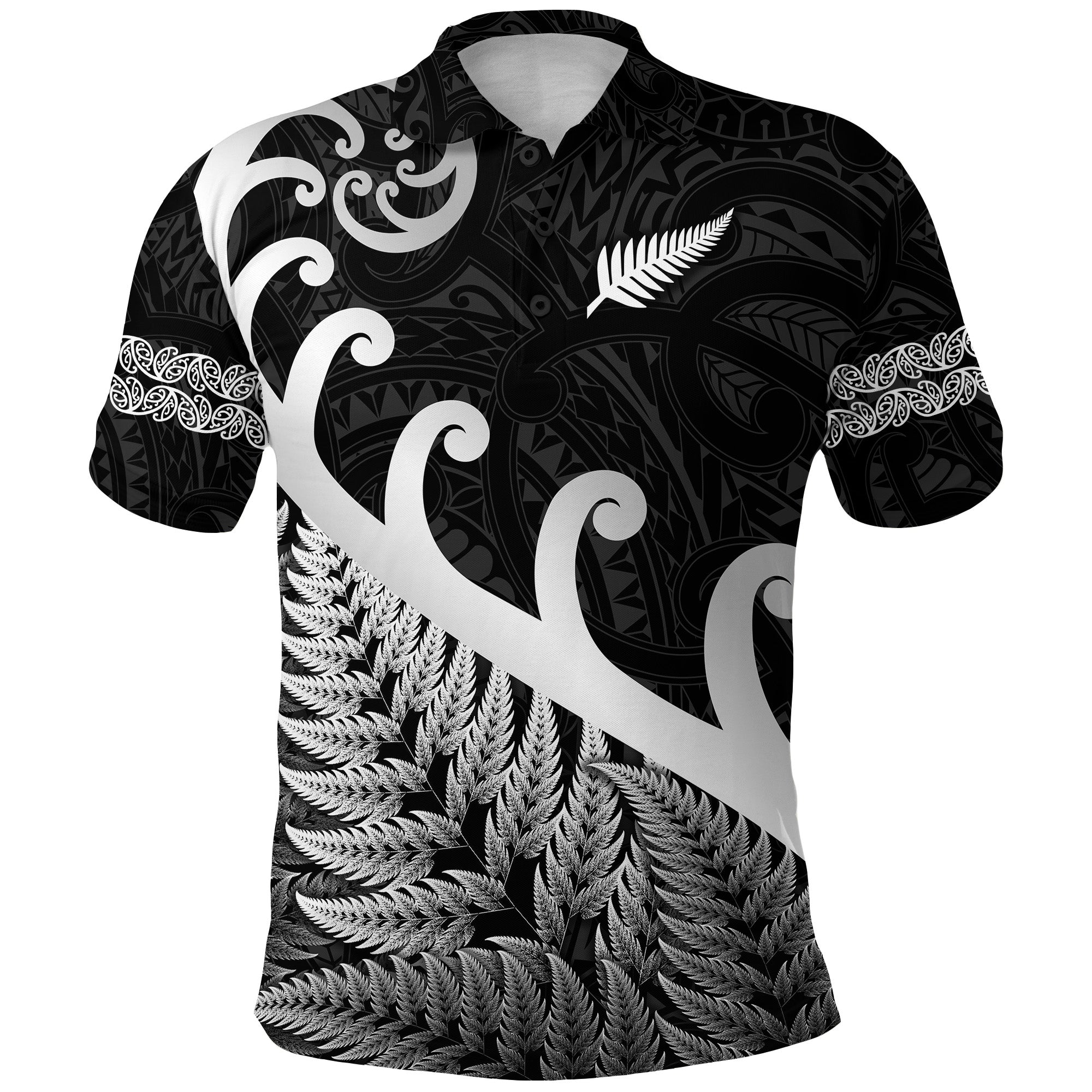 custom-personalised-new-zealand-rugby-maori-polo-shirt-silver-fern-koru-vibes-black