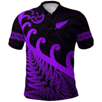 Purple and dark polo shirt with Maori-style fern, swirl patterns, and short sleeves