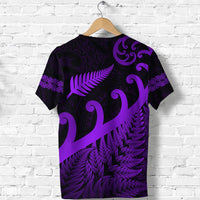 Purple and black rugby T-shirt with fern fronds and Maori koru swirl print, crew neck