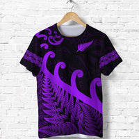 Purple and black rugby T-shirt with silver fern, koru, and Maori swirl graphic