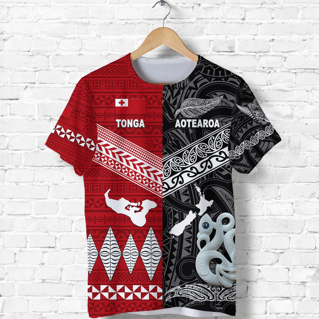 Custom New Zealand and Tonga T Shirt Together Black, Custom Text And Number LT8 - Wonder Print Shop