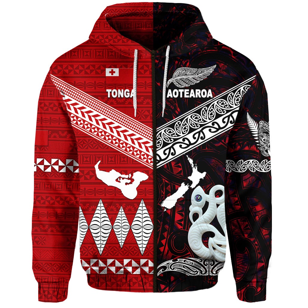 Custom New Zealand Tonga Zip Hoodie Together Red, Custom Text And Number LT8 - Wonder Print Shop