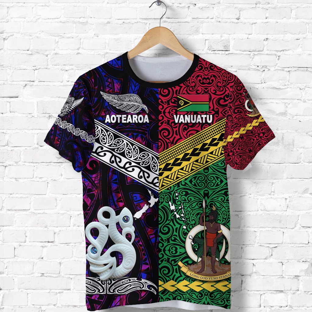 Short-sleeve graphic T-shirt with Aotearoa and Vanuatu text and colorful pattern artwork